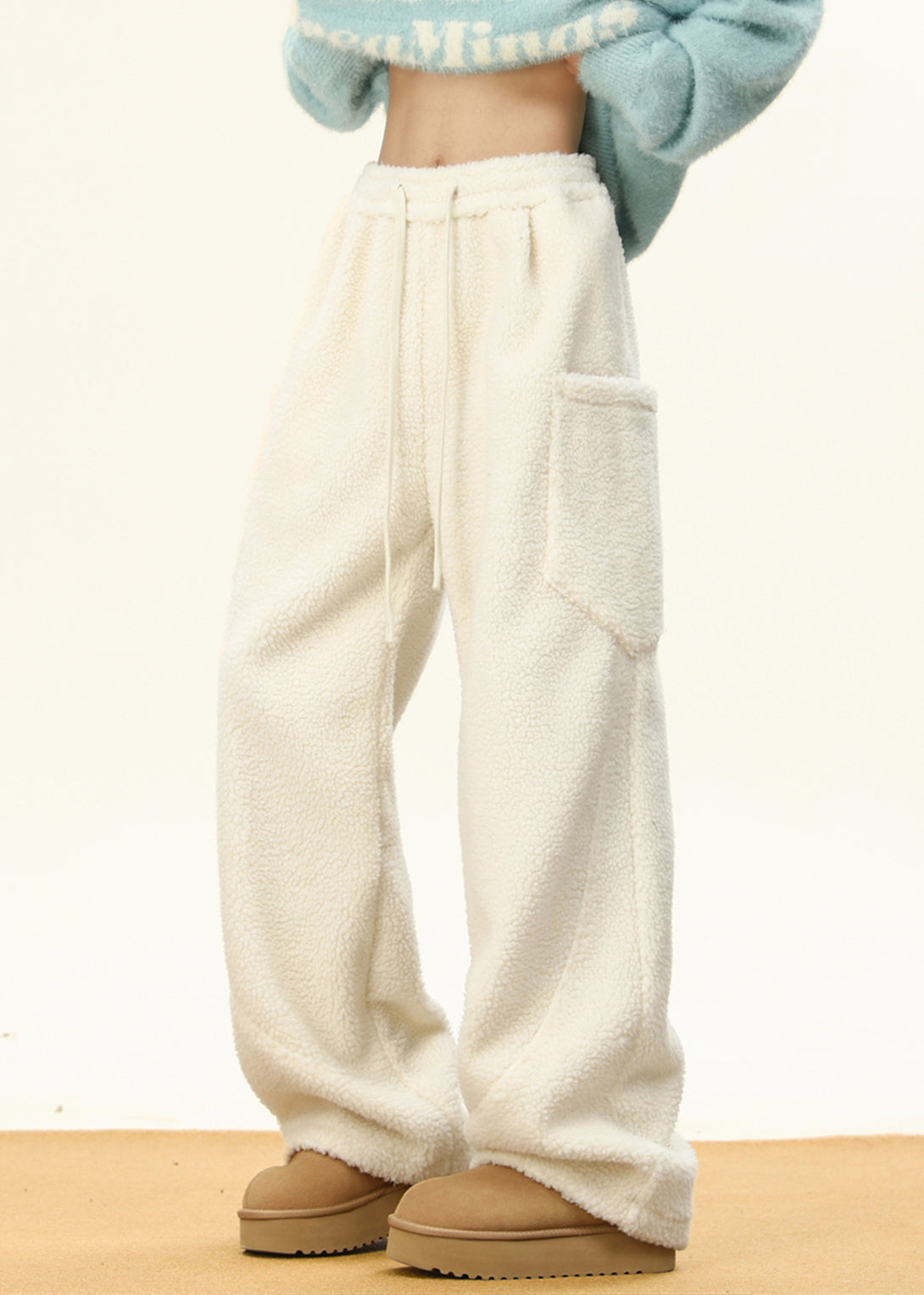 Pantalon simple en fausse fourrure pour homme, avec poches à café, taille élastique, RM022