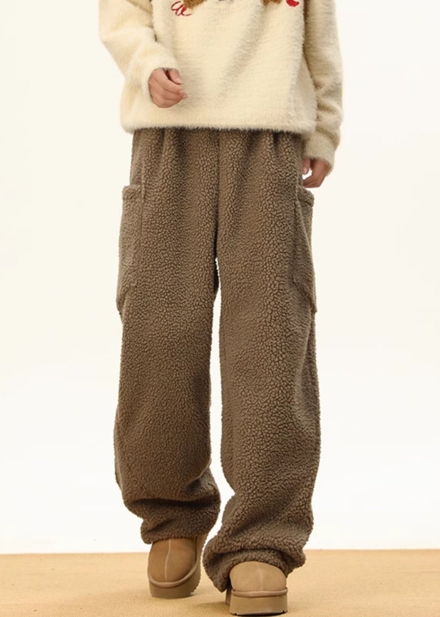 Pantalon simple en fausse fourrure pour homme, avec poches à café, taille élastique, RM022