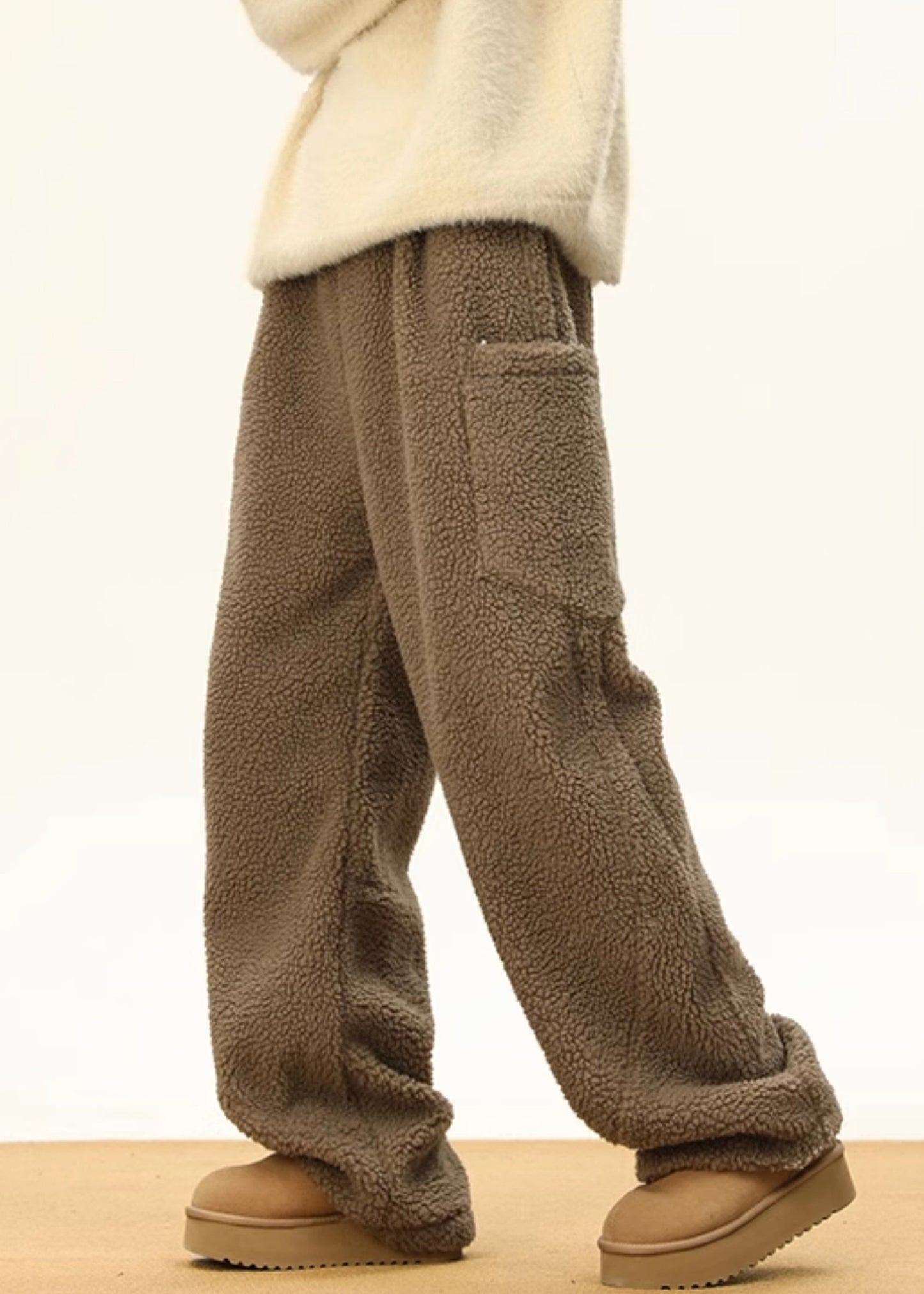 Pantalon simple en fausse fourrure pour homme, avec poches à café, taille élastique, RM022