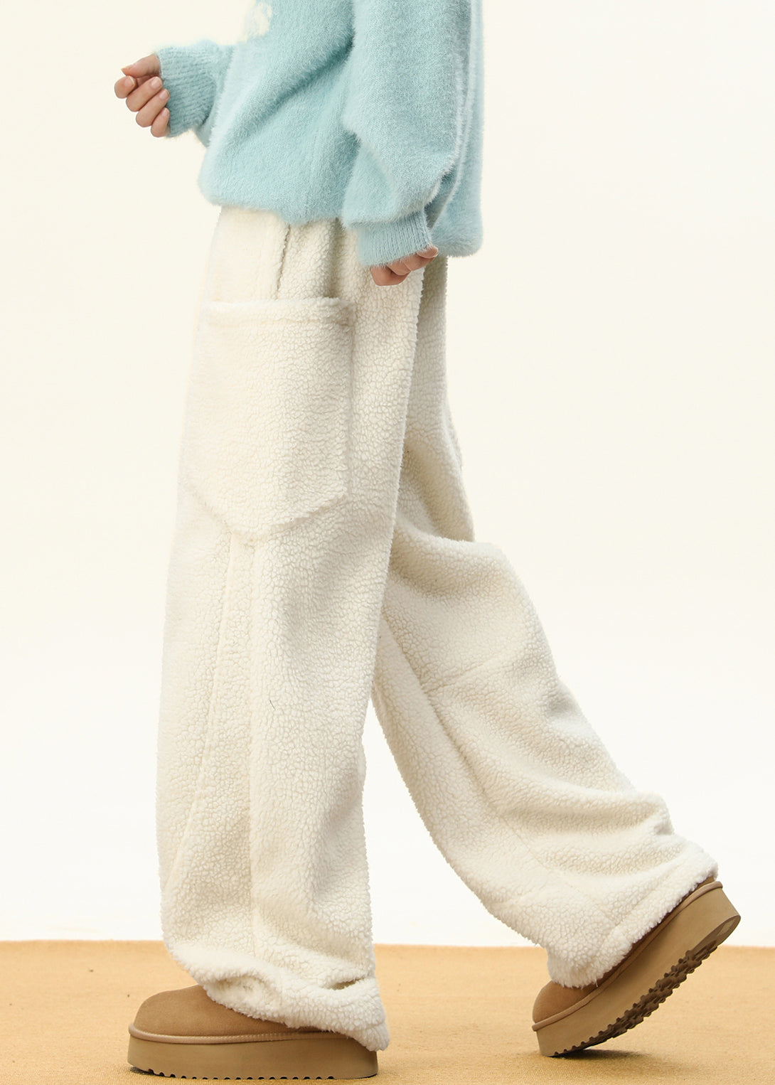 Pantalon simple en fausse fourrure pour homme, avec poches à café, taille élastique, RM022