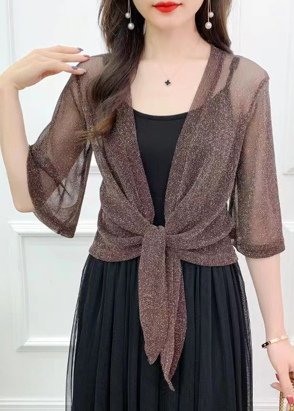 Simple Coffee Solid Bright Silk Tulle Cardigan Summer Ada Fashion