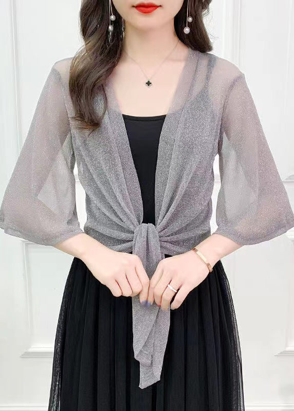 Simple Coffee Solid Bright Silk Tulle Cardigan Summer Ada Fashion