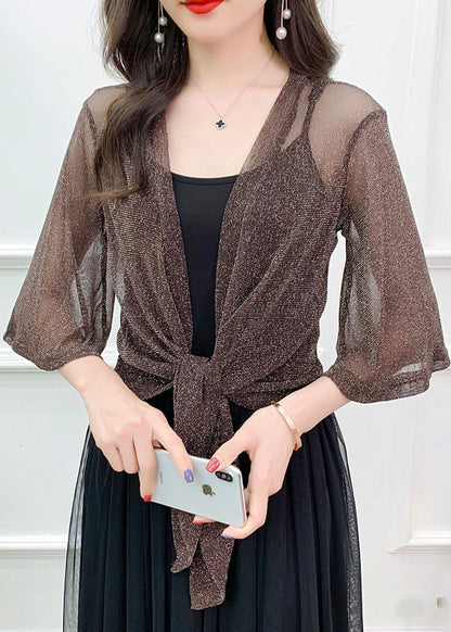 Simple Coffee Solid Bright Silk Tulle Cardigan Summer Ada Fashion