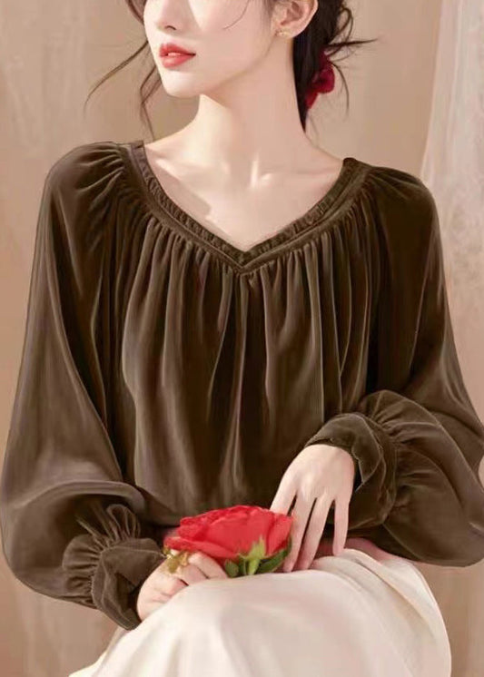 Einfaches Kaffee V-Ausschnitt Falten Solid Silk Velour Shirt Frühling TY007