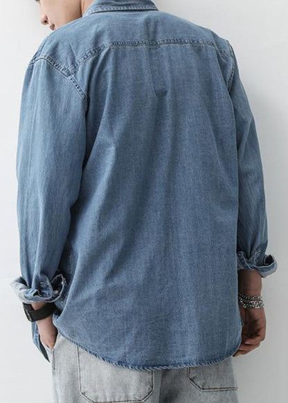 Button Herren Simple Pan Shirts Peter Denim Dunkelblau Frühlingskragen