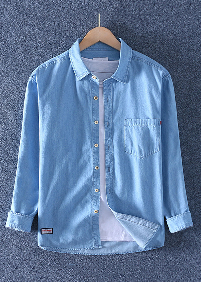 Kragen Denim Peter Blue Pan Männer Dunkel Solide Taschen Shirts