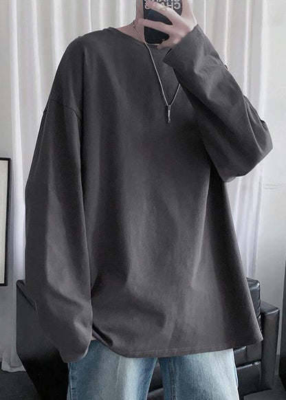 Graues T-Shirt für Herren aus Baumwolle mit einfachem Halsausschnitt, dunkelblau, Frühling, einfarbig, O