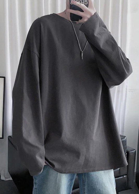 Graues T-Shirt für Herren aus Baumwolle mit einfachem Halsausschnitt, dunkelblau, Frühling, einfarbig, O