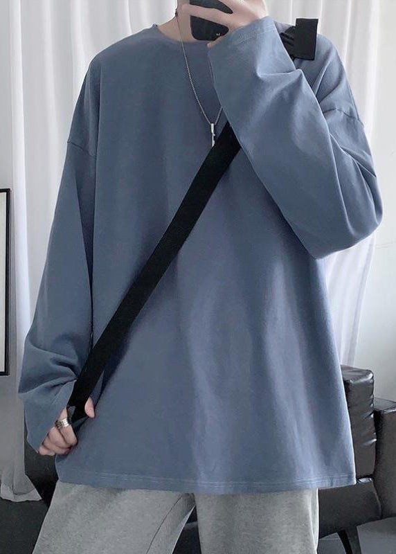 Graues T-Shirt für Herren aus Baumwolle mit einfachem Halsausschnitt, dunkelblau, Frühling, einfarbig, O