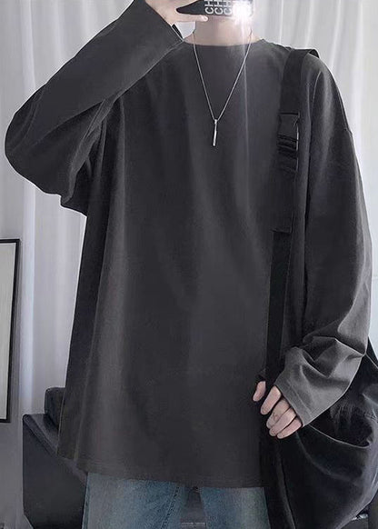 Graues T-Shirt für Herren aus Baumwolle mit einfachem Halsausschnitt, dunkelblau, Frühling, einfarbig, O