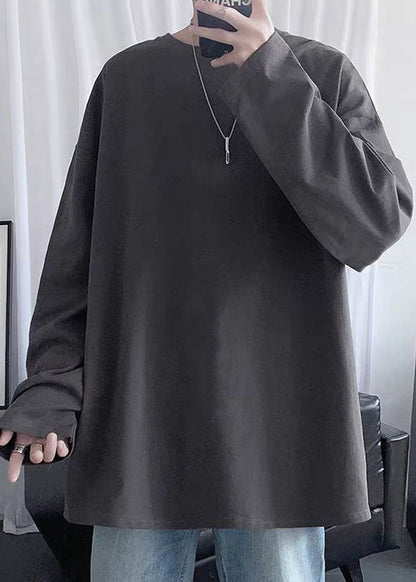 Graues T-Shirt für Herren aus Baumwolle mit einfachem Halsausschnitt, dunkelblau, Frühling, einfarbig, O