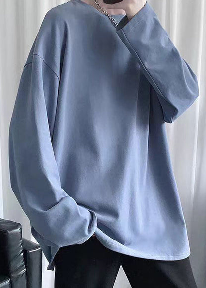 Graues T-Shirt für Herren aus Baumwolle mit einfachem Halsausschnitt, dunkelblau, Frühling, einfarbig, O