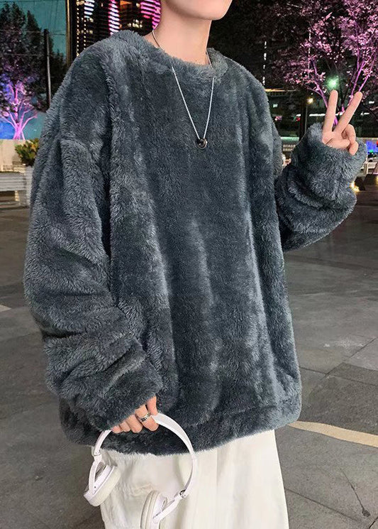 Einfache Dunkelgrau O Neck Solid Dick Flauschigen Herren T Shirts Winter RP055