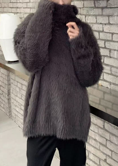 Einfache Dunkelgrau Solide Nerz Haar Gestrickte Herren Pullover Rollkragen Winter RC041