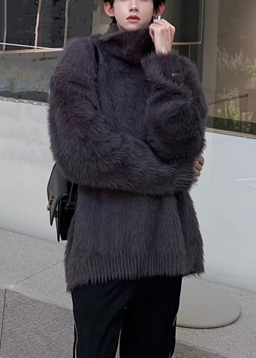 Einfache Dunkelgrau Solide Nerz Haar Gestrickte Herren Pullover Rollkragen Winter RC041