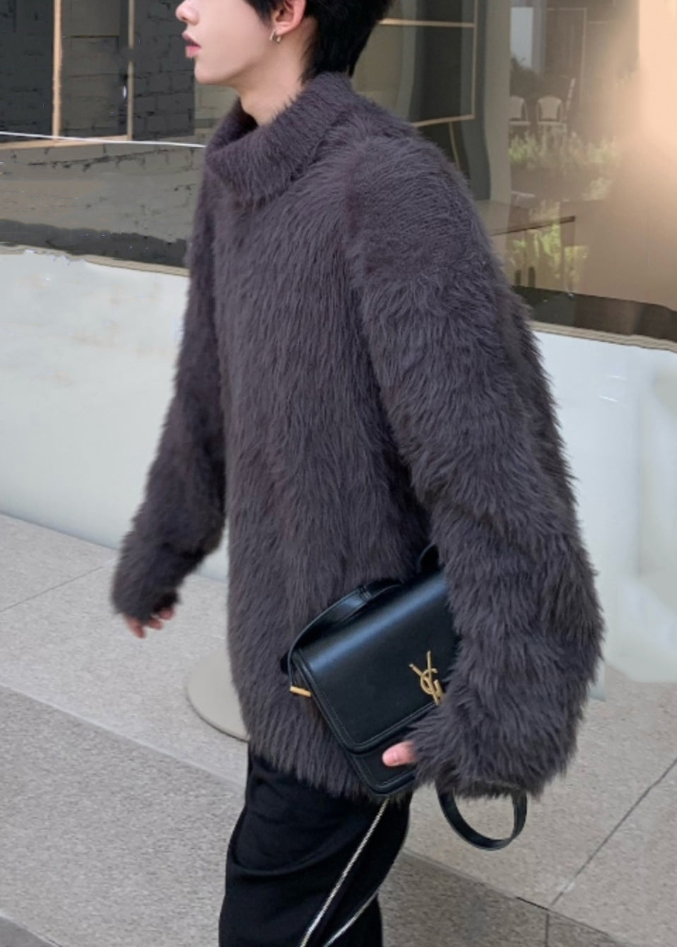 Einfache Dunkelgrau Solide Nerz Haar Gestrickte Herren Pullover Rollkragen Winter RC041