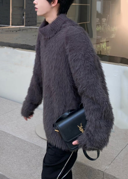 Einfache Dunkelgrau Solide Nerz Haar Gestrickte Herren Pullover Rollkragen Winter RC041