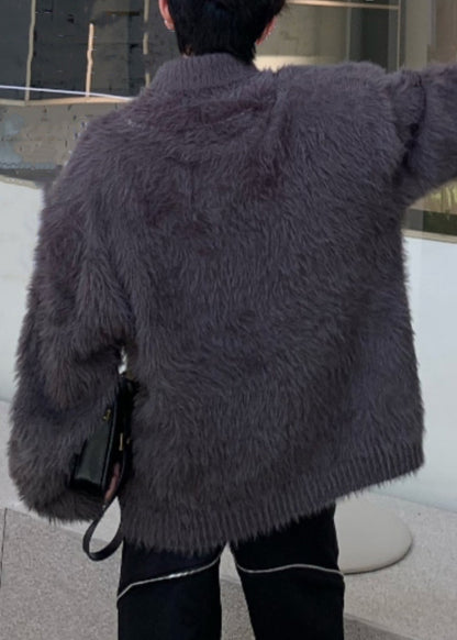 Einfache Dunkelgrau Solide Nerz Haar Gestrickte Herren Pullover Rollkragen Winter RC041