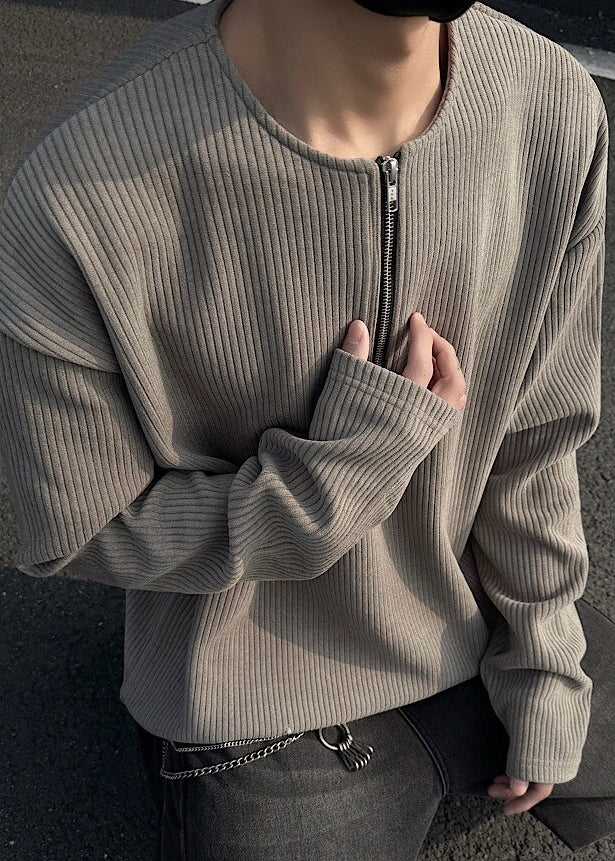 Men Dark Cotton Zip T Gray Shirts Spring Simple Up Solid