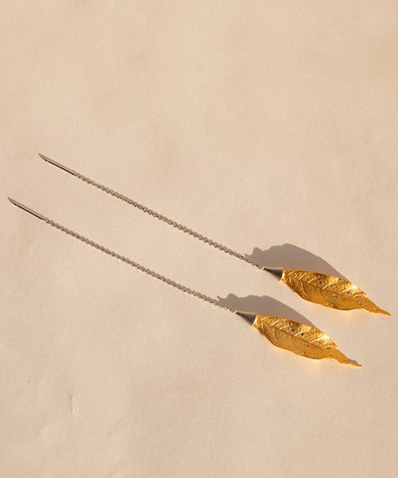 Simple Gold Sterling Silver Overgild Leaf Drop Earrings QQ071