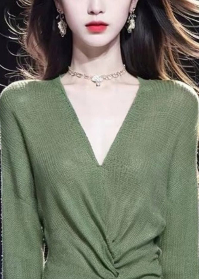 Simple Green V Neck Solid Cozy Knit Sweater Fall WQ035