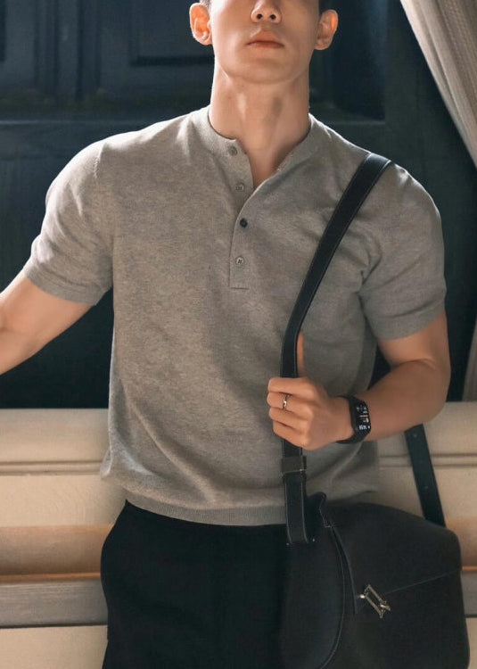 Grau Sommer Solid Button Männer Shirts T Baumwolle Einfache