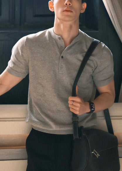 Grau Sommer Solid Button Männer Shirts T Baumwolle Einfache