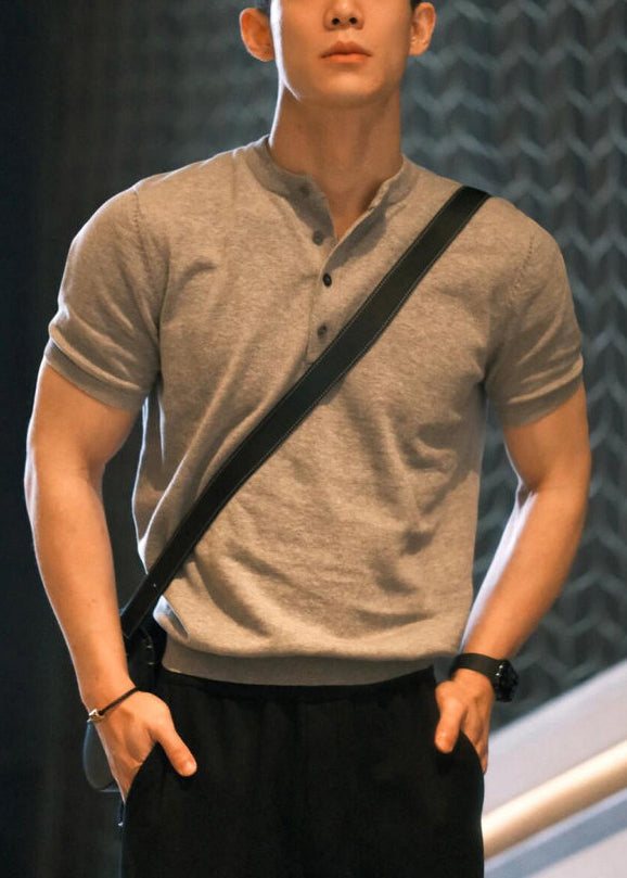 Grau Sommer Solid Button Männer Shirts T Baumwolle Einfache