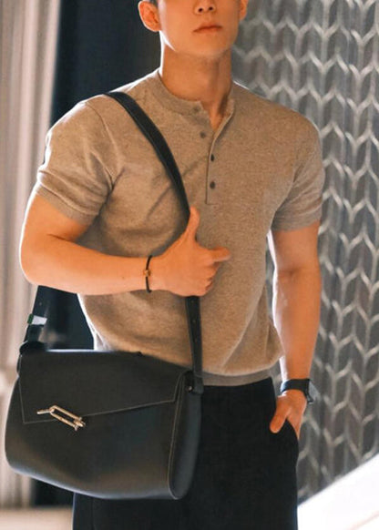 Grau Sommer Solid Button Männer Shirts T Baumwolle Einfache