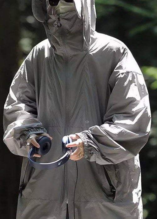 UPF 50+ Simple Coat Grey Hooded Pockets Summer Drawstring Mens