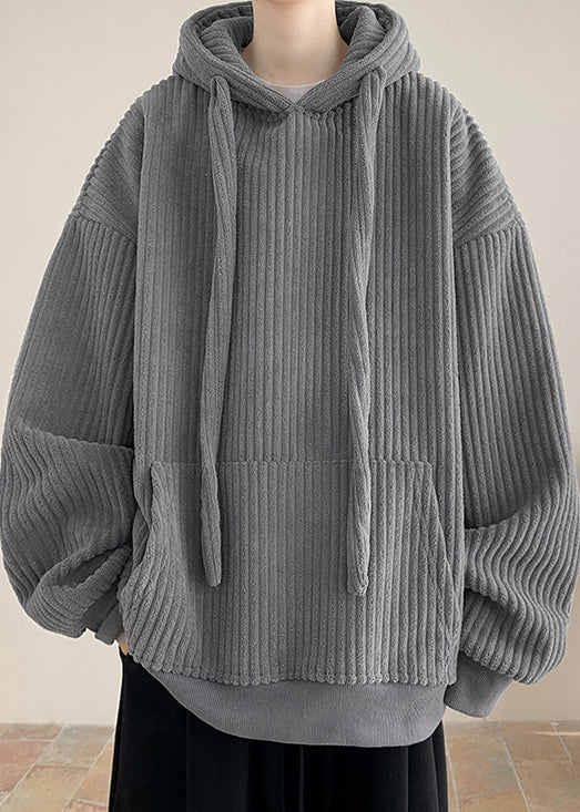 Simple Grau Kapuzentaschen Dicker Cord Herren Sweatshirts Winter RP054