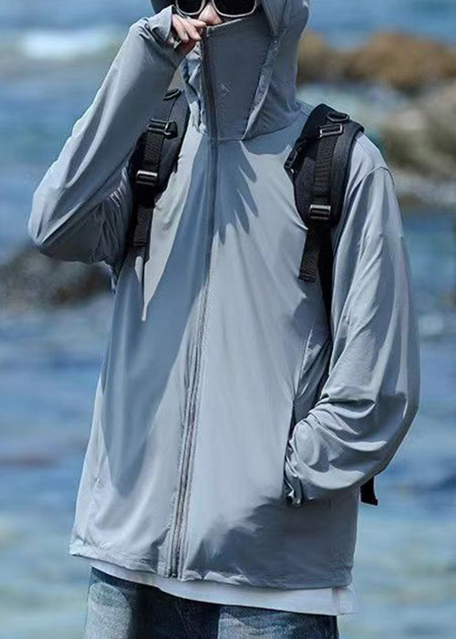 Kapuzenmantel Herren Taschen 50+ Reißverschluss Grau Sommer Einfach UPF