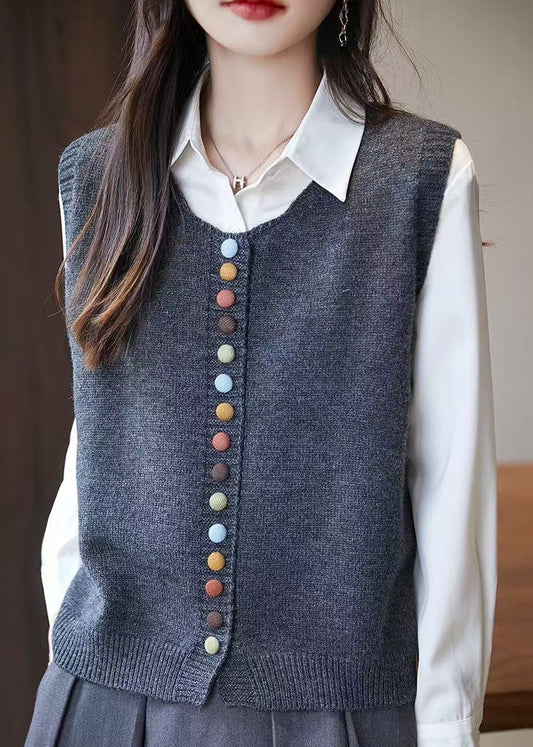 Gilet simple en tricot gris à col rond et boutons sans manches TF034