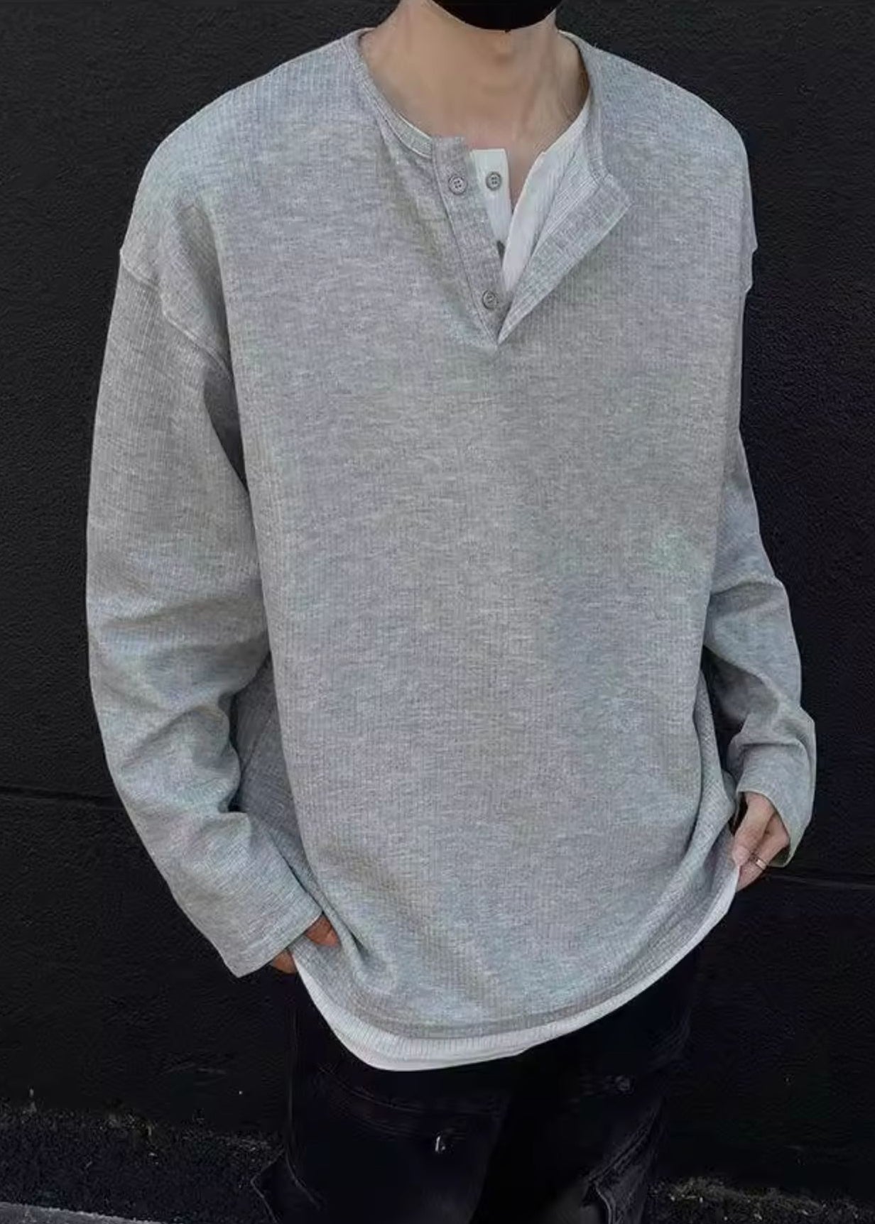 Einfache OT Patchwork Grau Shirts Hals Baumwolle Herren