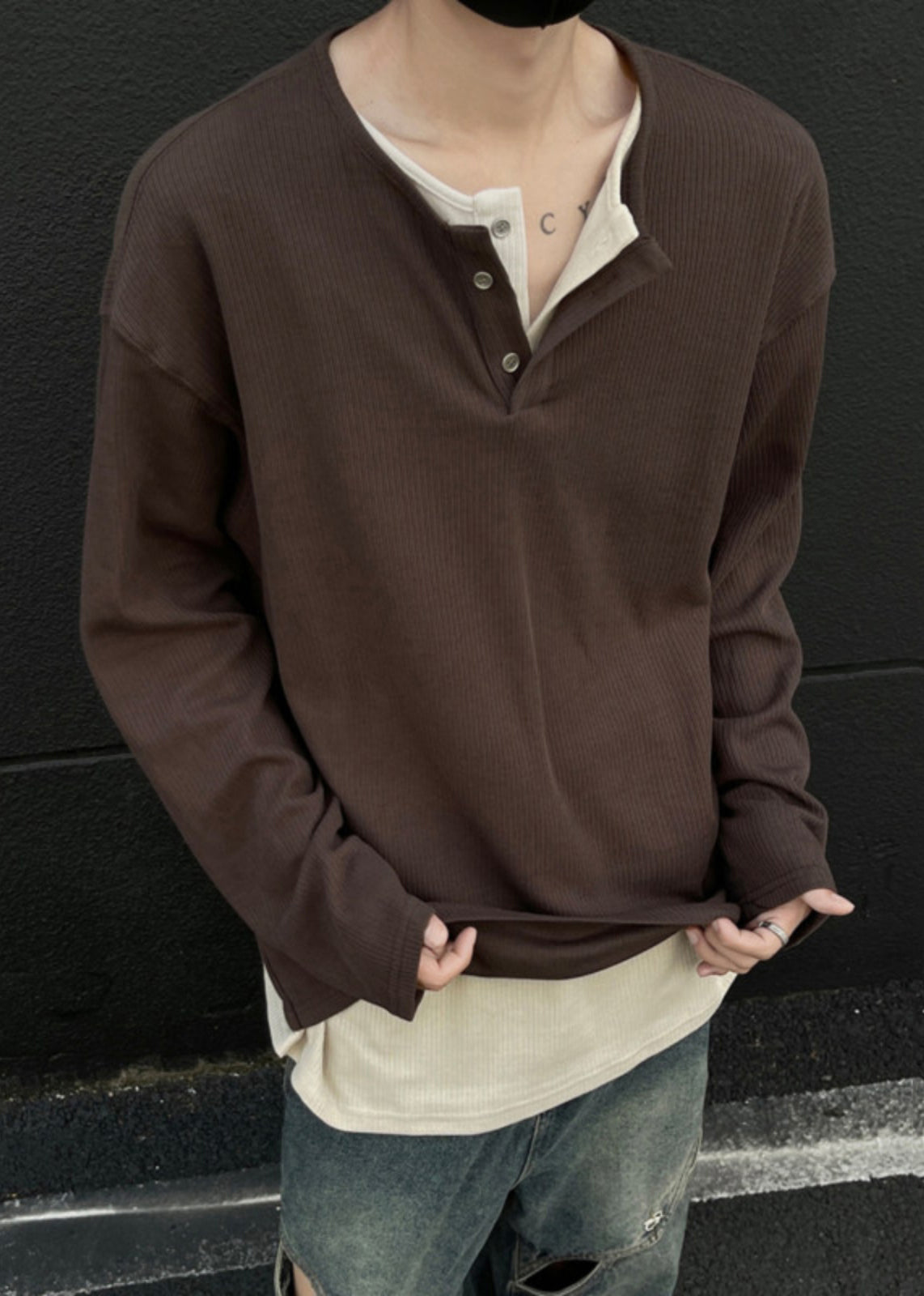 Einfache OT Patchwork Grau Shirts Hals Baumwolle Herren