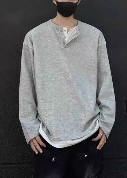 Einfache OT Patchwork Grau Shirts Hals Baumwolle Herren