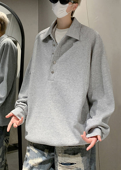 Baumwoll-Sweatshirt mit Knopfleiste für Herren, Frühling, schlicht, Grau, TC033, Pan Peter Collar
