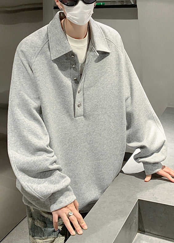 Baumwoll-Sweatshirt mit Knopfleiste für Herren, Frühling, schlicht, Grau, TC033, Pan Peter Collar