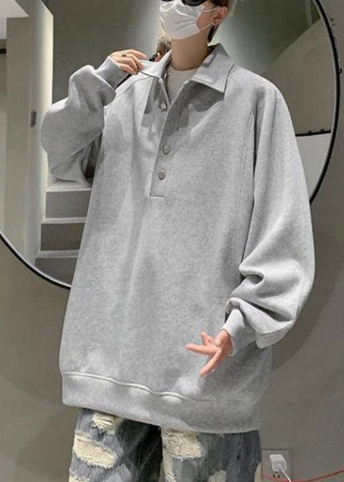 Baumwoll-Sweatshirt mit Knopfleiste für Herren, Frühling, schlicht, Grau, TC033, Pan Peter Collar