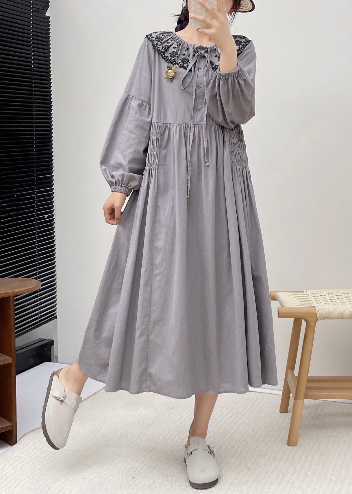 Simple Grey Peter Pan Collar Patchwork Wrinkled Vacation Long Dresses Long Sleeve BV021