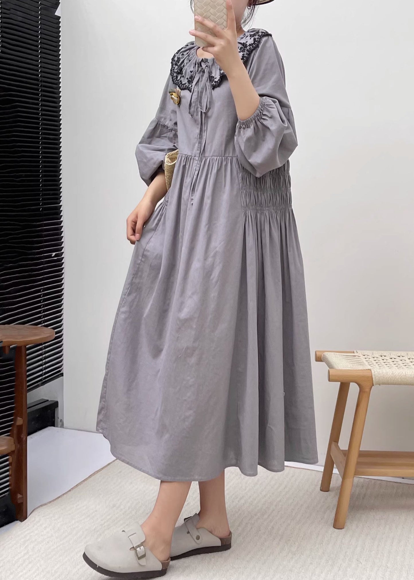 Simple Grey Peter Pan Collar Patchwork Wrinkled Vacation Long Dresses Long Sleeve BV021