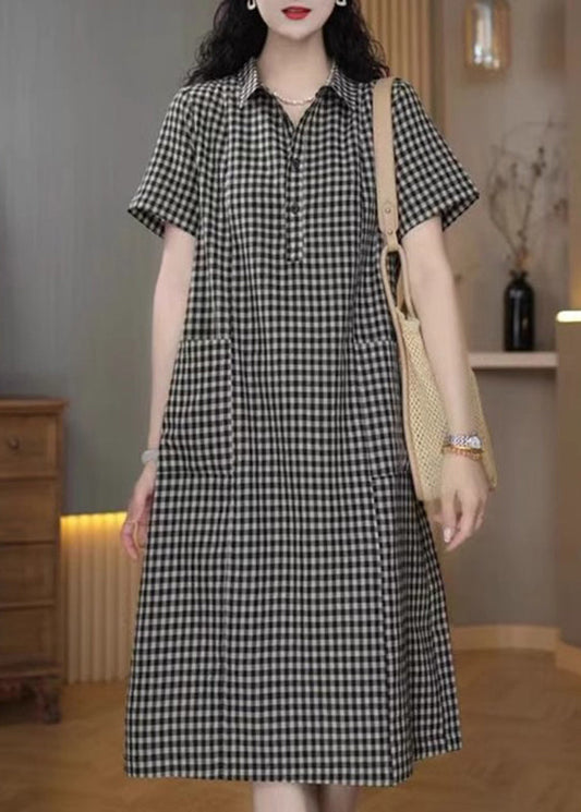 Simple Peter Plaid Sommer Mid Pan Leinen Kragen Kleid Grau