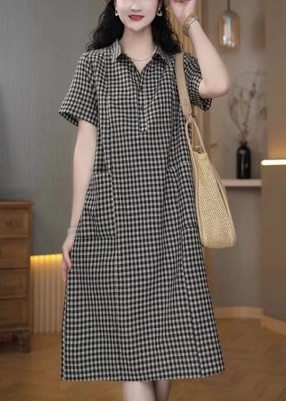 Simple Peter Plaid Sommer Mid Pan Leinen Kragen Kleid Grau