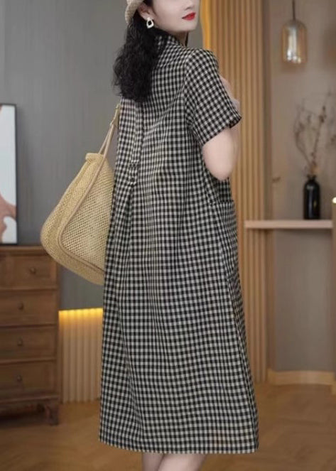 Simple Peter Plaid Sommer Mid Pan Leinen Kragen Kleid Grau