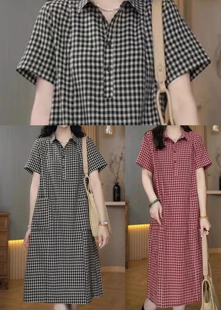 Simple Peter Plaid Sommer Mid Pan Leinen Kragen Kleid Grau