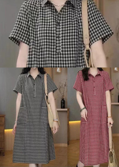 Simple Peter Plaid Sommer Mid Pan Leinen Kragen Kleid Grau