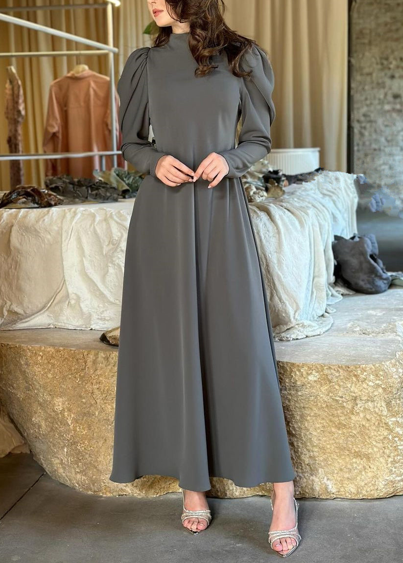 Simple Grey Solid High Waist Cotton Long Dresses Fall QL013