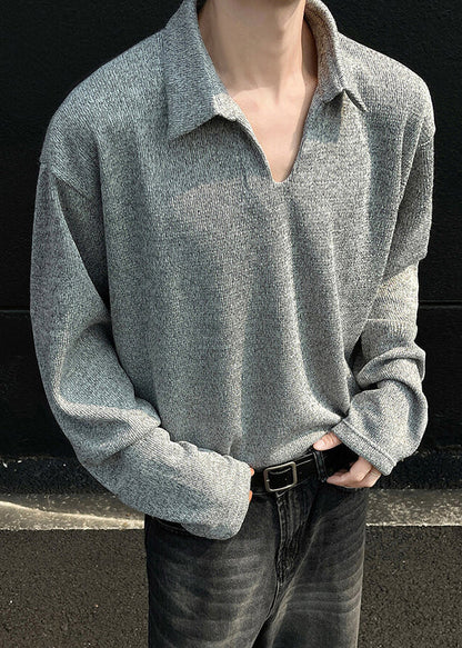 Grey Spring Simple Men Solid Shirt Cotton Polo Loose