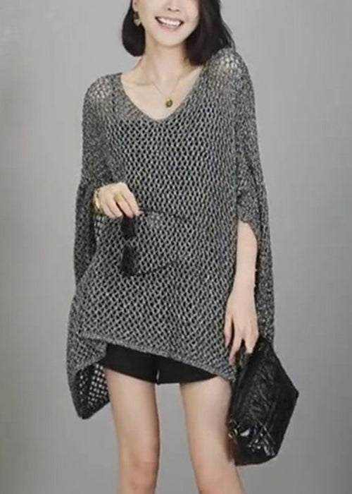 Neck Hollow Shirts V T Simple Out Knit Grey Sleeve Batwing