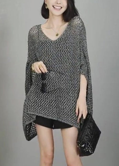 Neck Hollow Shirts V T Simple Out Knit Grey Sleeve Batwing
